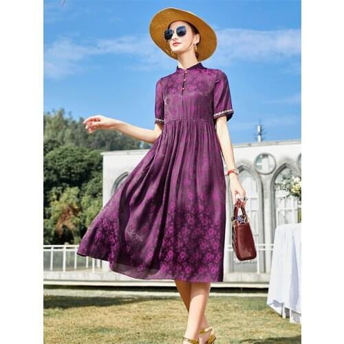 Summer New Fashion Button Stand Collar Printing Loose Long Satin Purple Dress Short Sleeve Comfortable Beach Dress Plus Size