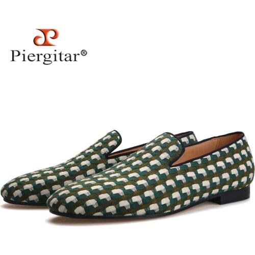 Piergitar Green Cotton Men Smoking Slippers For Prom and Banquet Handmade Mens Loafers Plus Size Item No.139847
