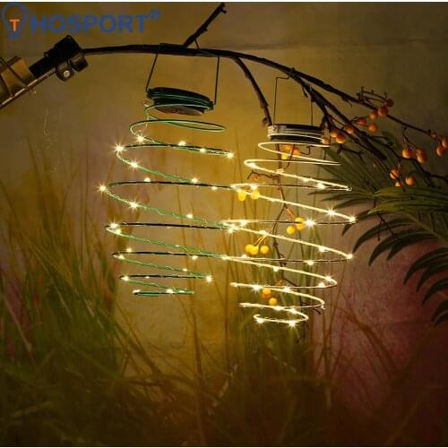 Solar Light LED Metal Wire Spring Light Spiral Lantern Hanging Lamp Solar Rotating Iron Lantern Outdoor Garden Decoration