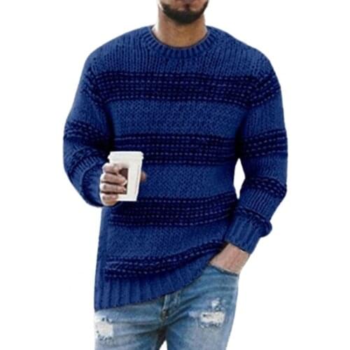 Vintage Men Pullovers Sweater Long Sleeve Striped Print Casual Knit Sweatshirt O Neck Stretchy Pullover Sweater Top Streetwear