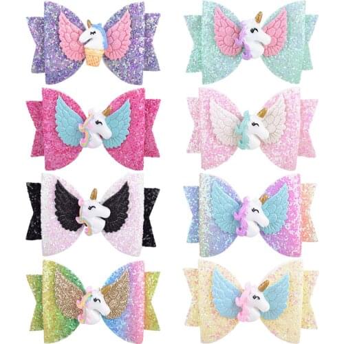 8 Colors 3.4 inch New Girls Princess Glitter Unicor Hair Bows With Clips Handmade Hairpin Cute Kids Headdress Hair Accessories