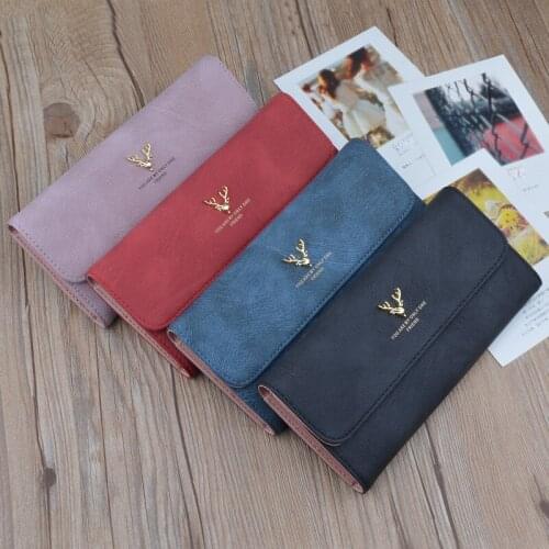 Women Deer Head Pu Leather Long Wallets Female Fashion Three Fold Coin Purses Ladies Card Holder Money Clip Clutch Bag