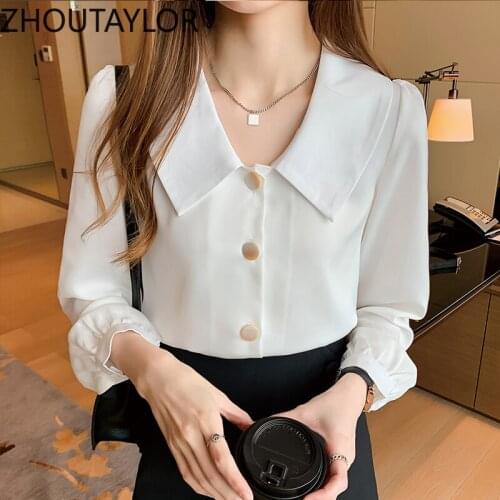 ZHOUTAYLOR Women Shirts Fashion Office Lady Turn-down Collar Female Tops Full Sleeve Single Breasted Straight Blouse Femme