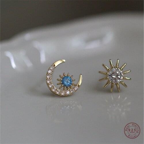 925 Sterling Silver Star Moon Stud Earrings Women 14k Gold Inlaid Blue Crystal Temperament Elegant Goddess Jewelry Gift