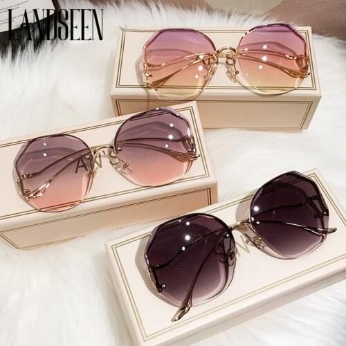 2021 Fashion Tea Gradient Sunglasses Women Ocean Water Cut Trimmed Lens Metal Curved Temples Sun Glasses Female UV400 Eyewear