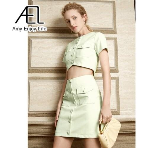 AEL Sexy Blazer Crop Top And High Waist Mini Skirt Women Fashion Light Green Short Suits Summer Daily Clothing
