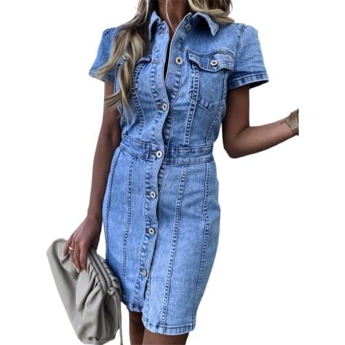 Stylish Womans Retro Elastic Slim Denim Dress Solid Color Short Sleeve Button Package Hip Summer Dress Club Casual Vestidos