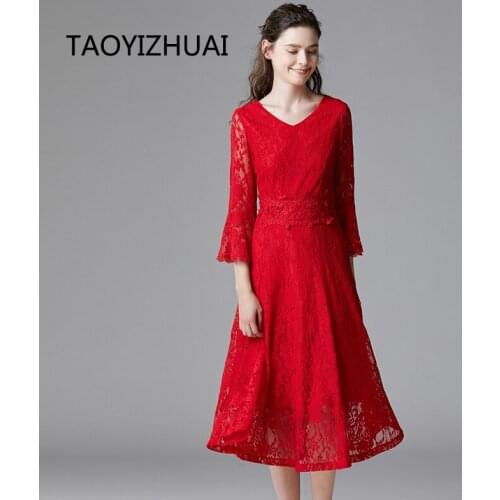 TAOYIZHUAI new arrival autumn winter red long casual style lace dress v neck knee length flare sleeves fit and flare 14346