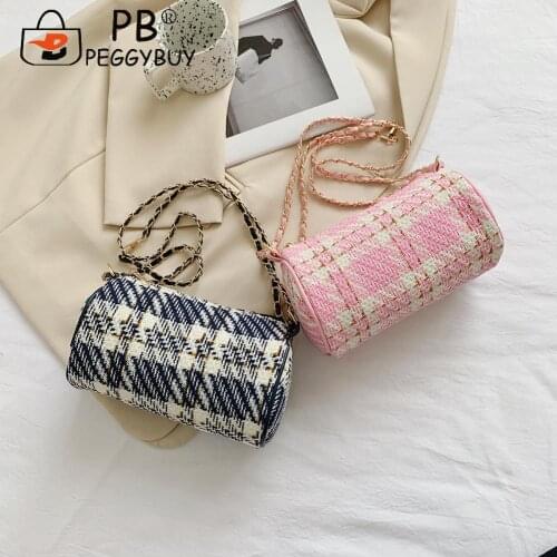 Winter Women Woolen Cloth Messenger Bags Cylindrical Design Plaid Printing Shoulder Bags Small Chain Crossbody Bags