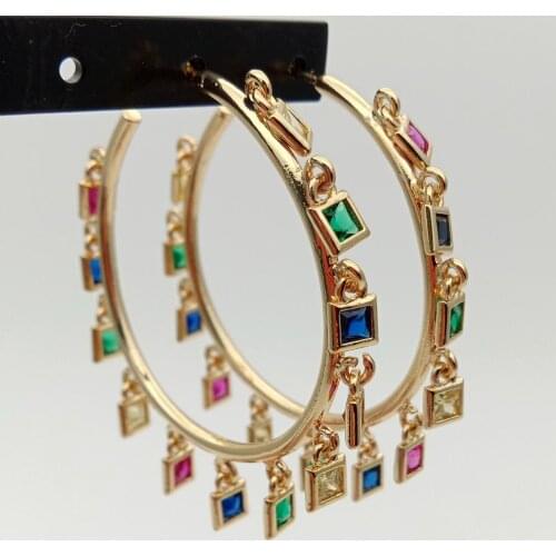 YYGEM 40mm gold filled with rainbow multi color cz charm Circle Hoop earrings Bohemia Bohe Steampunk Ear Clip korean Earrings