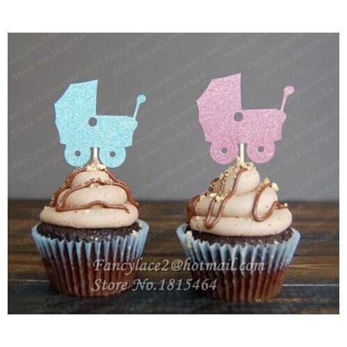 30pcs Glitter Baby Car Gender reveal cupcake toppers toothpick wedding Food Picks baby bridal shower baptism Decorations