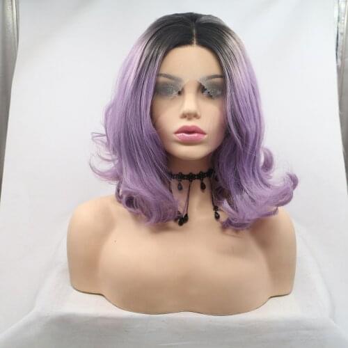 Baicheng Ombre Purple Wave Short Lace Front Synthetic Wig For Black Women With Baby Hair Middle Part Natural Hairline