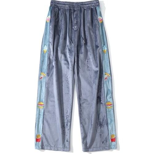 Harajuku Stripe Velvet Colorblock Wide Leg Pant Hip Hop Funny Food Printing Loose Velour Fleece Sweatpant Men Women Streetwear