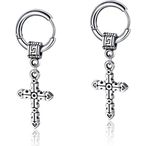 Cyue Eruopean Personalized Black Mens Hoop Earrings 316L Stainless Titanium Steel Classic Cross For Women Men