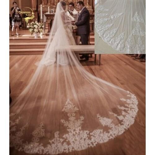 Real Photos 4M Long 3M Wide Cathedral Length Wedding Veils Lace Appliqued Bridal Head Veils With Comb Accessories velos de novia
