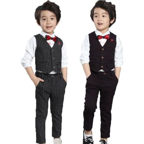Flower Boys Wedding Suits Sets Kids School Party Piano Performance Costume Children Birthday Dress Plaid Vest Pants 2Pcs Outfits