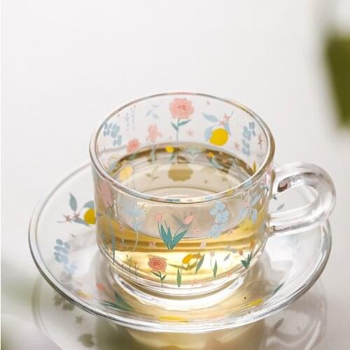 Creative Transparent Coffee Cup Art Flower Nordic Style Glass Coffee Cup Cute and Saucer Koffie Kopjes Breakfast Utensils EI50BD