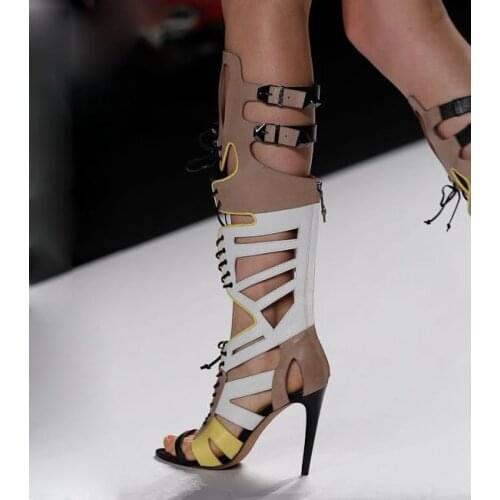 Summer Women Multi Leather Patchwork High Heel Sandal Boots Lace Up Gladiator Strappy Buckle Geometric Carve out Runway Boots