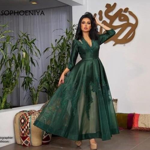 New Arrival Half sleeve evening dress 2021 Green Dubai Kaftan evening dresses Long Abendkleider abiye Evening gown