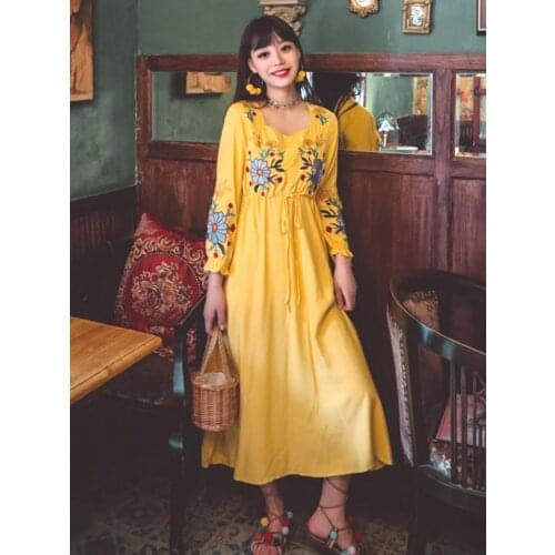 Summer New Womens Retro Dresses Drawstring Thinner Square Collar Long-Sleeved Embroidered Dress Holiday Beach Style Dress