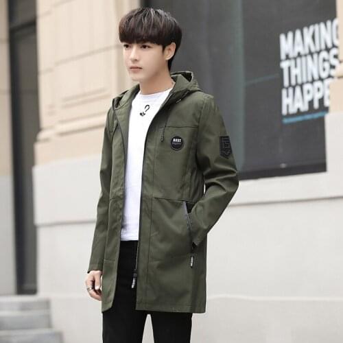 2021 Autumn Casual Mens Mid-Long Hooded Jackets Slim Zipper Thin Windbreaker Outerwear Spring Top Coat Daily Streetwear Clothes
