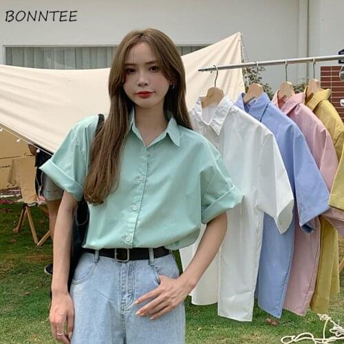 Shirts Women Summer Vintage Retros Short Sleeve Tops Office Lady Casual Harajuku Solid Button Up All-match Fashion Candy Colors