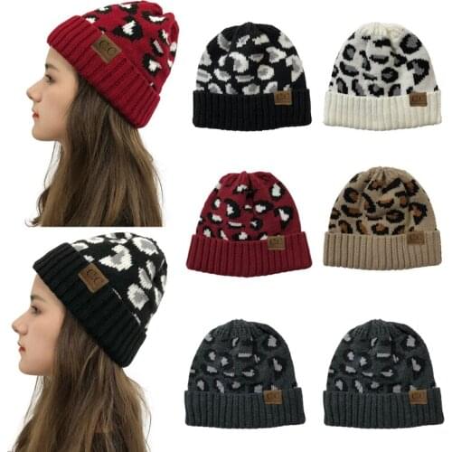 Leopard Knitted Caps Crimped Edge Autumn Winter Fashion Warm Adjustable Jacquard Handmade Windproof Korean Style Brimless Hat