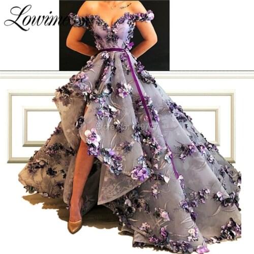 Luxurious Floral Print Handmade Flowers Evening Dress 2019 High Low Prom Dresses Off Shoulder Party Dress For Middle East Women