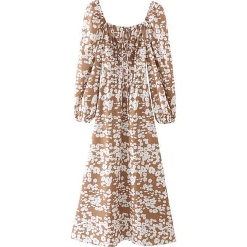 YENKYE Vintage Floral Print Summer Long Dress Women Sexy Square Neck Puff Sleeve A-line Elegant Ladies Dresses Holiday Vestido