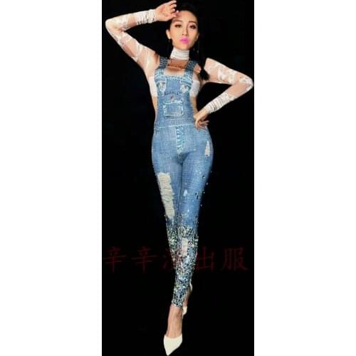 Bright Stones Jeans Printed Jumpsuit Rhinestones Skinny Leggings Nightclub Show Womens Birthday Party Prom DS Outfit Stage Wear