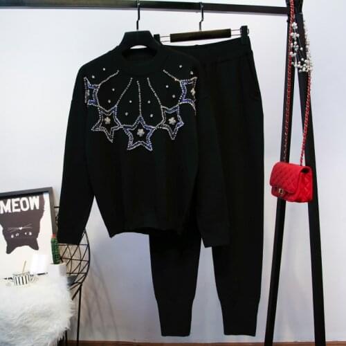 Fashion Casual Knitted Tracksuit Outfits Women Beaded Diamond Star O Neck Long sleeve Pullover Sweater Pencil pants Sets Female