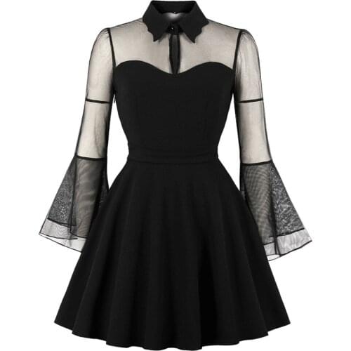 Women Black Punk Gothic Dress Autumn Sexy Mini Party Dresses Black Flare Sleeve Mesh See-Through Plus Size Vintage Retro Dress