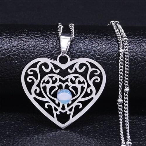 Heart Flower of Life Moonstone Stainless Steel Charm Necklaces Women Silver Color Necklace Jewelry collier femme N3045S04