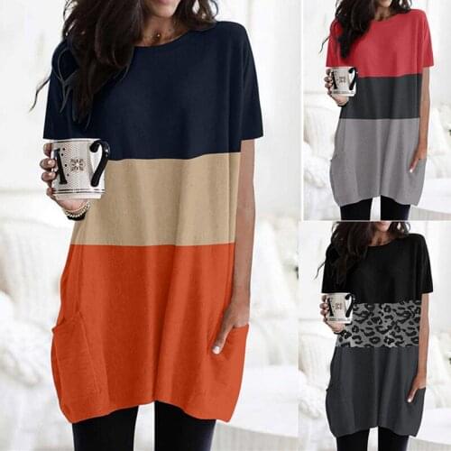 2021 Summer Hot Clothing Pockets O Neck Short Sleeve Womens Dress Color Matching Leopard Loose Casual Female Mini Dress Lady