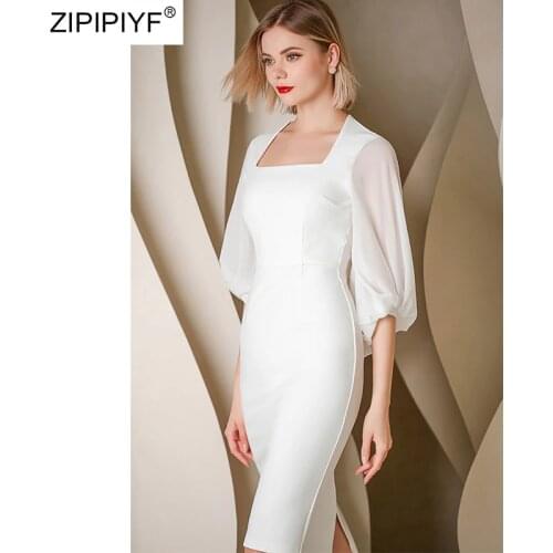 2021 Summer Runway Fashion Simple Design Long Lantern Sleeve Square Neck Solid Color Back Slit Sexy Office Lady Dresses Z042