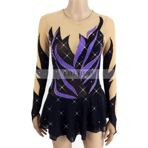Figure Skating Dress Womens Girls' Ice Skating Dress Competitive performance clothing Long sleeve black and purple stretch