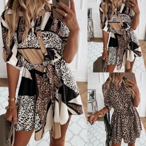 Summer Womens Dress Vintage Mini Dress Shirt Dress Leopard Print Roll Up Sleeve Women Waist Tie Lapel Dress for Dating