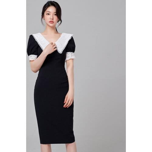 S-XL plus size summer korean temperament lace patchwork slim high waist bag hips black dress women fashioned office lady clothes