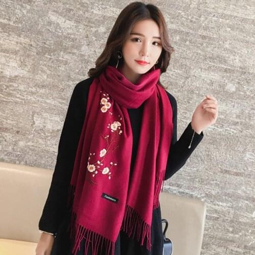 Winter Women Wool Blanket Scarf Women Cashmere Scarves Embroidery Ethnic Style Long Shawls and Wraps Blanket Warm Pashmina Scarf