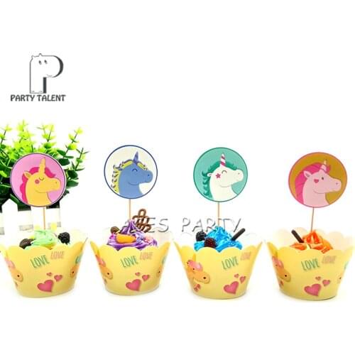 Cake Accessory 24pcs/lot Unicorn 12pcs Wrappers + 12pcs Toppers for Children Kids Birthday Party Cupcake Decoration