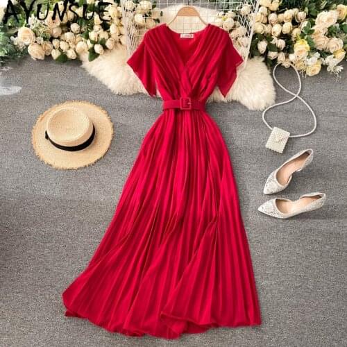 AYUNSUE 2021 Spring Summer Dress Women Korean Long Dresses for Women Pleated Elegant Beach Chiffon Party Dress Vestido KJ6926