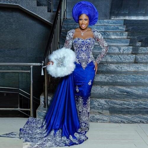 Arabic Royal Blue Evening Dresses Mermaid Long Sleeves Sparkly Pearls Sequins Satin Plus Size Prom Dress Aso Ebi Custom Made