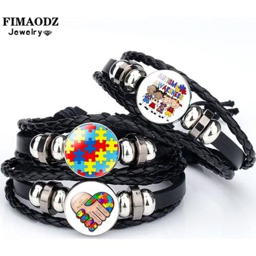FIMAODZ AUTISM MOM Bracelet Autism Awareness Colorful Puzzle Piece Glass Photo Handwoven Leather Bracelets for Kids Girls Lady