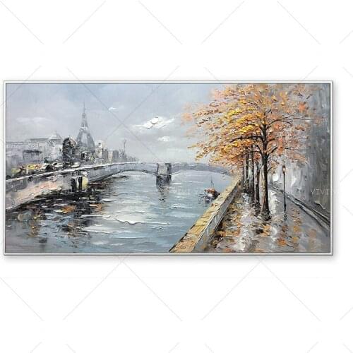 100% Painting By Handmade Bridge and River Oil Painting Landscape Decoracion On Canvas Modern Wall Art Gift Frameless