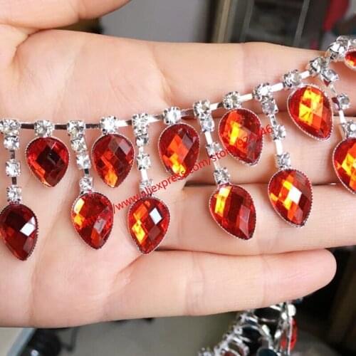Red acrylic rhinestone dangle chain for dancing dress Bra decoration tear-drop fringe yard trims for garments sewing accessory