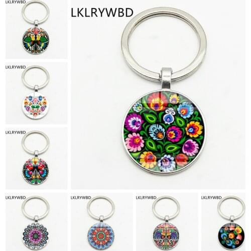 LKLRYWBD/Retro Pop Pattern Keychain Bohemian Plant Animal Glass Round Keyring Handmade Keychain Gift
