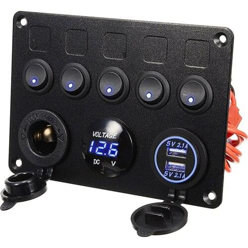 MAYITR 12V Power Outlet 5 Gang ON-OFF Toggle Switch Panel Dual USB Socket Charger LED Voltmeter for Car Boat Marine RV Truck