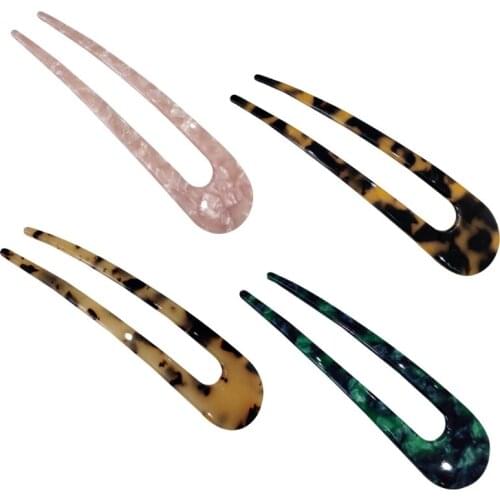 Minimalist Celluloid Acetate Hair Stick Fork Marble Leopard Print 2 Prongs U-Shaped Hairpin Clip Large Updo Chignon Pin
