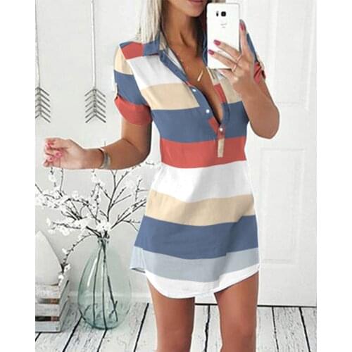 Fashion Women Casual Short Sleeve Multicolor Stripe Print Short Sleeve Button Front Shirt Dress Womens Mini Dresses Loungewear