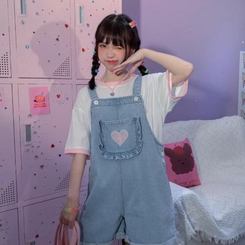Japanese Casual Cute Heart Embroidery Soft Girls Denim Playsuit Summer Wide Leg Straight Loose Women Suspenders Short Jumpsuit